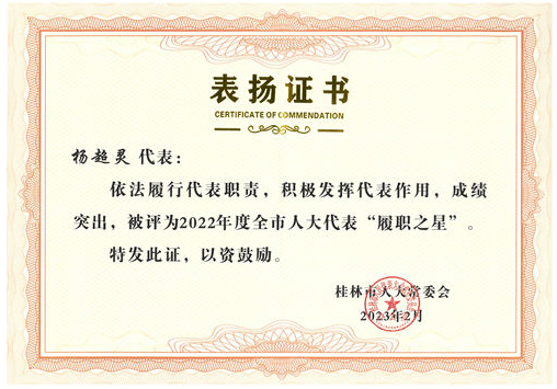 桂林建安集團楊超靈董事長榮獲桂林市人大代表“履職之星”